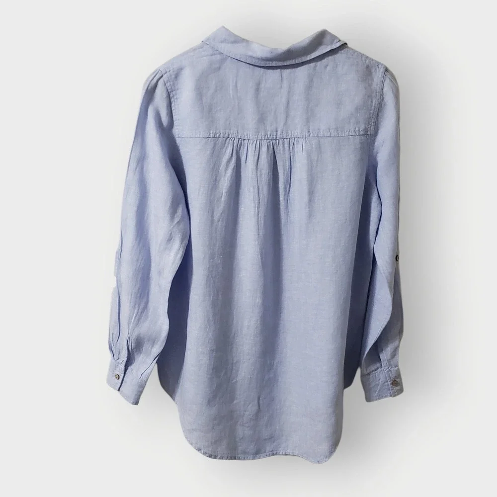 Sigrid Olsen Womens Blue 100% Linen Henley Tunic Shirt Roll Tab Sleeve Small - Picture 5 of 11
